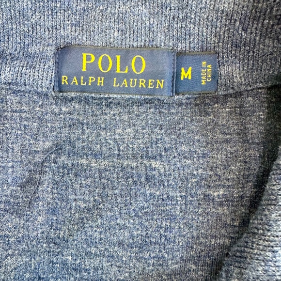 Polo Ralph Men’s Lauren Blue cotton 1/4 zip sweater. Size M. suede patches/trim. - Picture 8 of 10